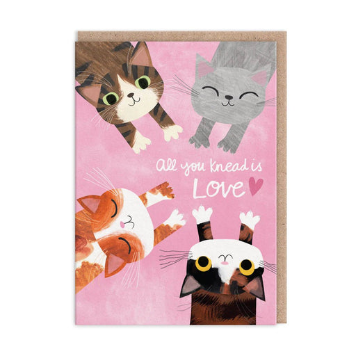 Pink card with four cute cats and hand-lettered text All you knead is love; A6, blank inside, kraft envelope by Angie Rozelaar