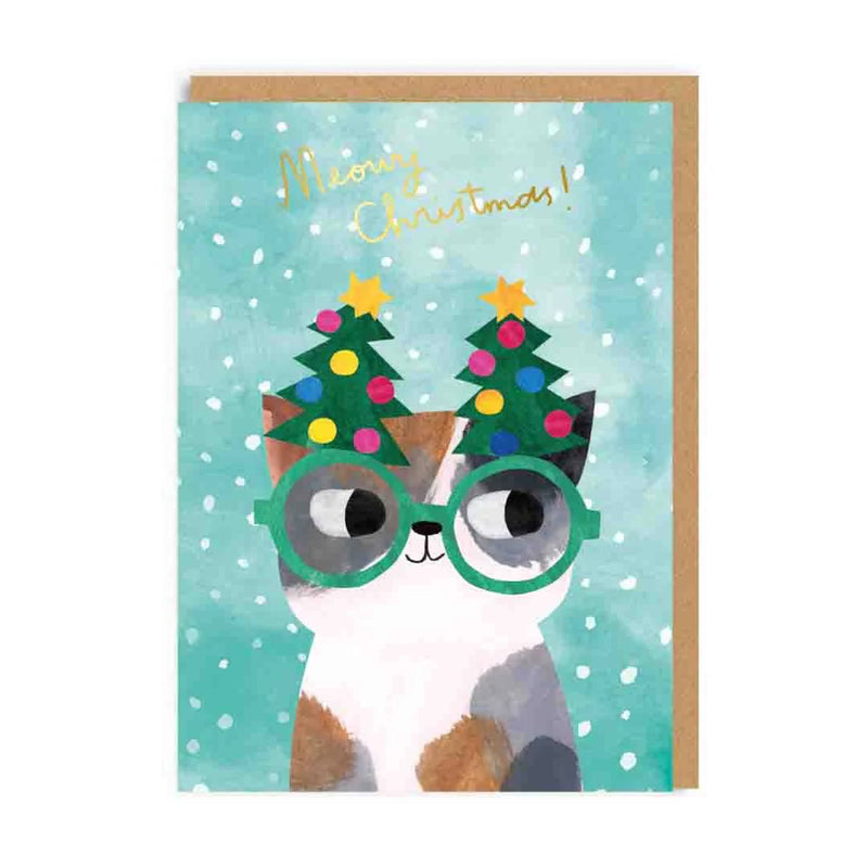 Teal Christmas card with cat wearing big green glasses and Christmas tree headband, gold-foil Meowy Christmas text; A6, blank inside, brown kraft envelope