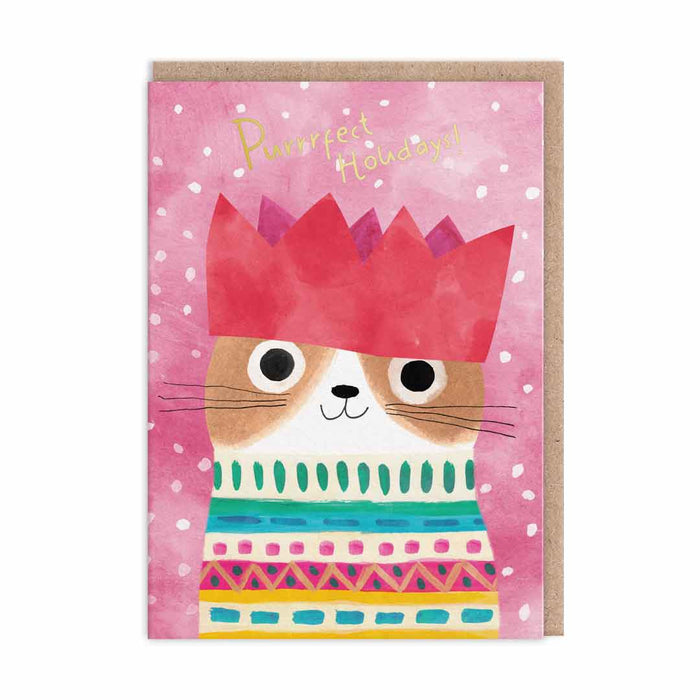 Pink Christmas card with cat wearing a red paper crown and patterned jumper, gold-foil Purrrfect Holidays text; A6, blank inside, brown kraft envelope