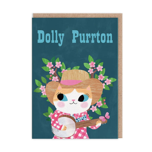 Teal card with a pink-gingham cat in straw hat playing banjo, flowers behind; text reads Dolly Purrton; A6, blank inside, kraft envelope by Angie Rozelaar