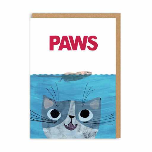 White and blue card with red PAWS text, a mouse swimming on the surface and a smiling cat below; A6, blank inside, kraft envelope by Angie Rozelaar