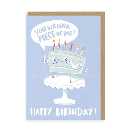 Light blue birthday card with angry cake saying You wanna piece of me? Five candles; A6 with kraft envelope; Hello!Lucky design