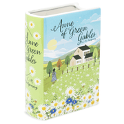 Angled product shot of Anne of Green Gables ceramic book vase with Green Gables house scene


