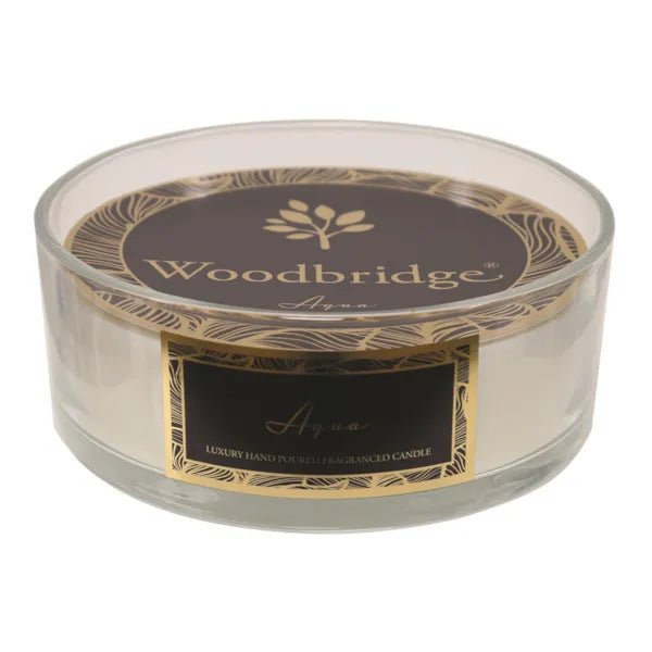 Aqua 5 wick candle bowl in a clear glass jar with luxury label and brown lid

