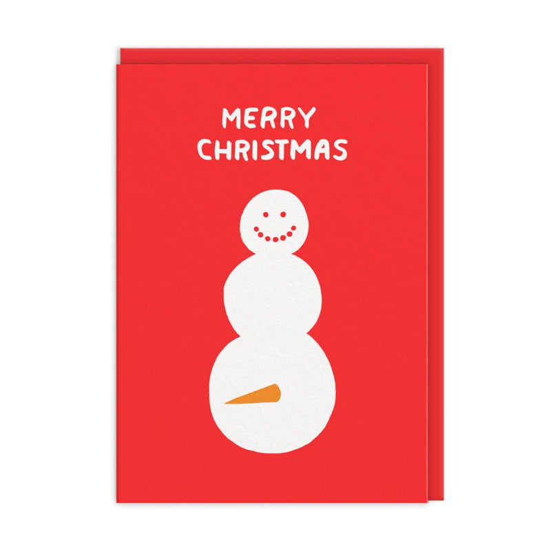 Red Christmas card with minimalist white snowman and Merry Christmas text; A6, neon coral finish, blank inside, poppy red envelope by Ashkahn