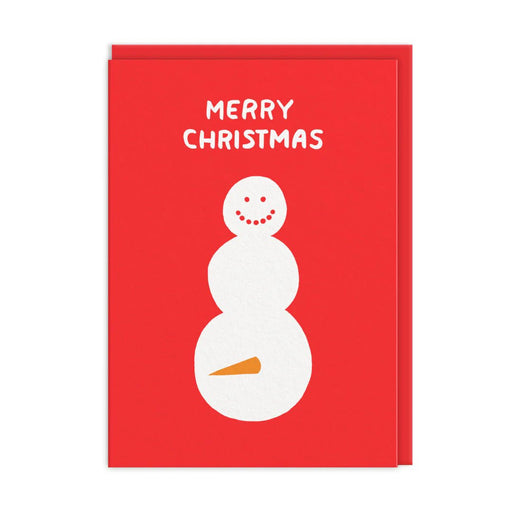 Red Christmas card with minimalist white snowman and Merry Christmas text; A6, neon coral finish, blank inside, poppy red envelope by Ashkahn