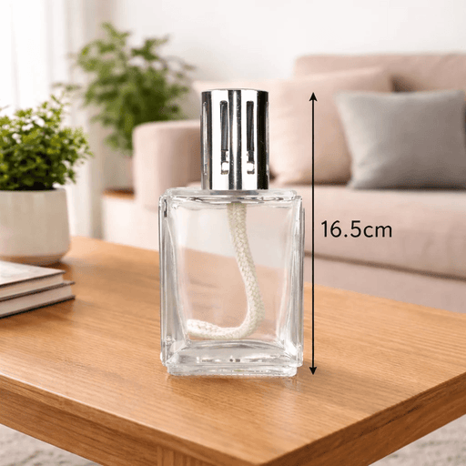 Large clear-glass Ashleigh & Burwood fragrance lamp with silver detailing measuring 16.5cm high