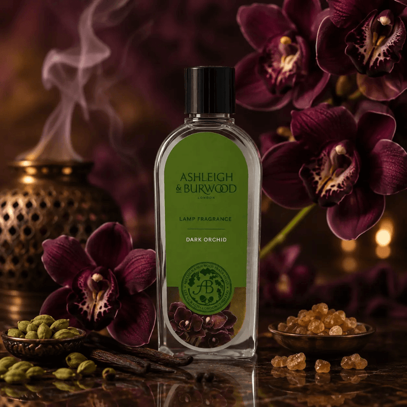Ashleigh & Burwood Dark Orchid Lamp Fragrance 500ml displayed with dark orchids and warming spices