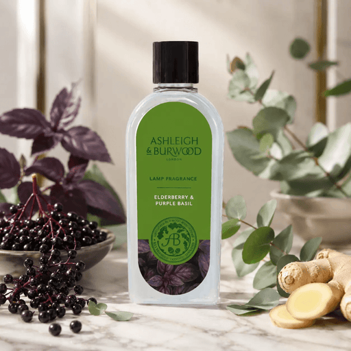 Ashleigh & Burwood Elderberry & Purple Basil Lamp Fragrance displayed with elderberries, purple basil, eucalyptus and ginger