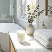 Ashleigh & Burwood Moroccan Spice scented candle styled on a bright bathroom counter
