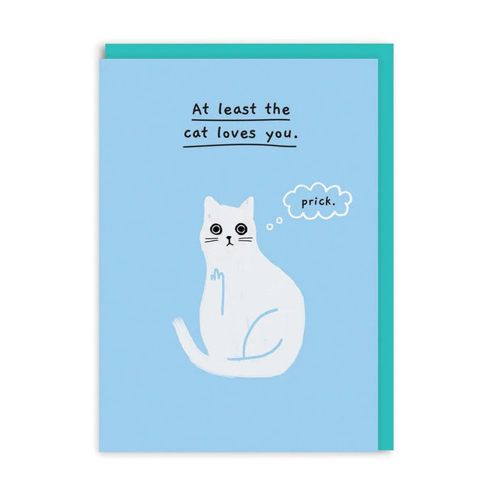 Funny rude cat greeting card – At least the cat loves you – blue card with white cat illustration and aqua envelope, A6