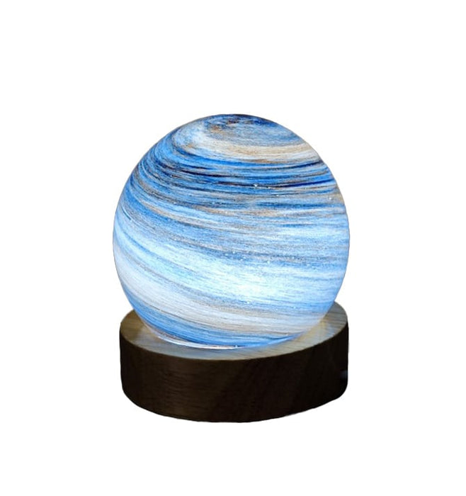 Aurora Mist planet USB night light, swirling sky-blue and misty beige globe on wooden base, 8 cm lamp gift for children
