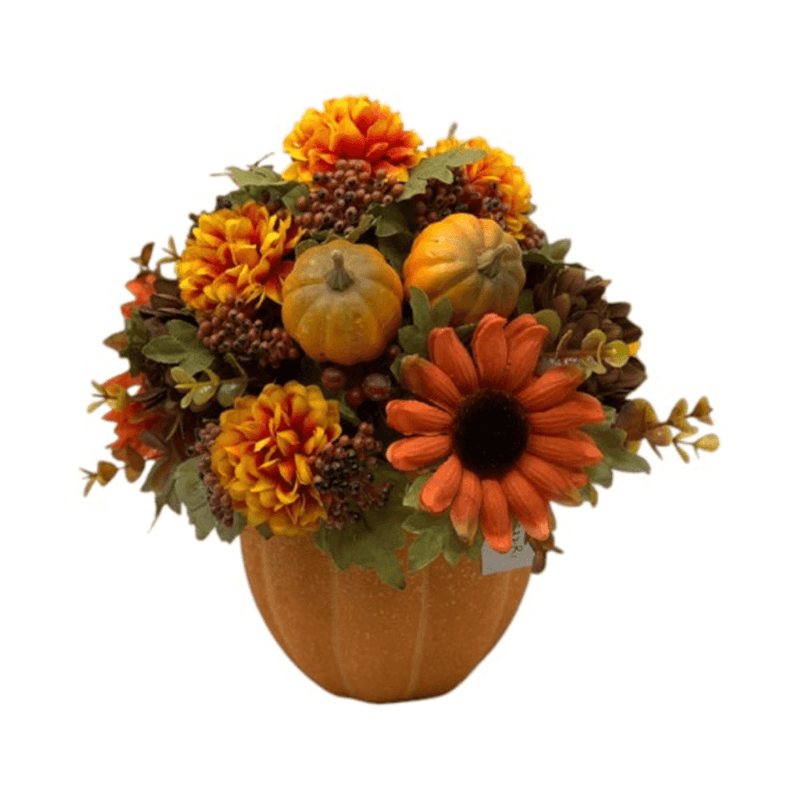 Front view of a 28cm autumn floral arrangement with mini pumpkins, berries and orange blooms in an orange ceramic vase.
