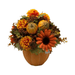 Front view of a 28cm autumn floral arrangement with mini pumpkins, berries and orange blooms in an orange ceramic vase.