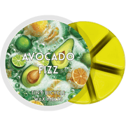 Avocado Fizz segmented wax melt pot with green wax segments and citrus avocado label design