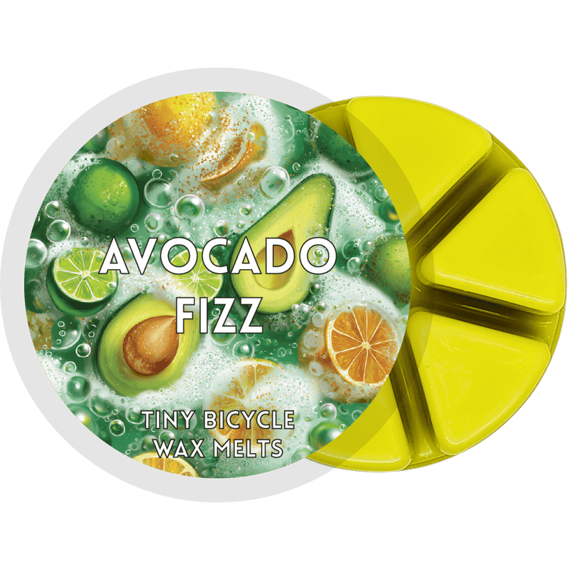 Avocado Fizz segmented wax melt pot with green wax segments and citrus avocado label design