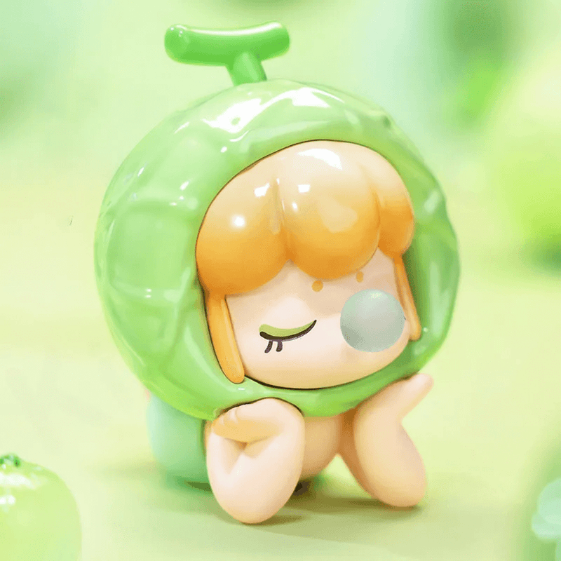 Baby Nanci Cantaloup figure with green melon helmet blowing bubble – Fruits Blind Box collectable
