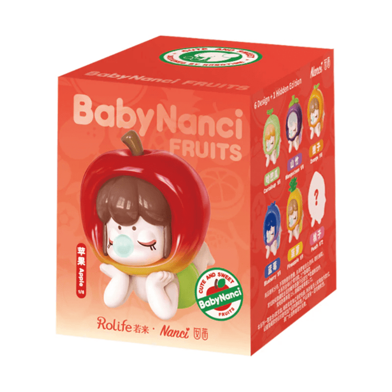 Sealed Baby Nanci Fruits Blind Box with Apple figure artwork and side panel showing 6 designs + hidden Peach

