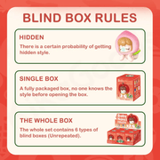 Infographic: sealed single box, odds for hidden Peach, and full case of 6 non-repeating Baby Nanci Fruits boxes

