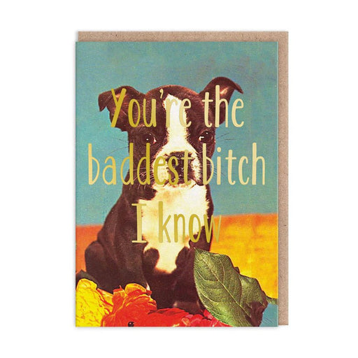 Funny empowerment greeting card with dog photo and gold foil text reading you’re the baddest bitch I know, A6 with kraft envelope