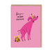 Funny pink birthday card – party dog dropping a ribbon-tied gift; text reads For you on your birthday – A6 with kraft envelope