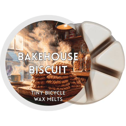 Bakehouse Biscuit wax melt pot with six cream segments and bakery label artwork