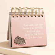 Be More Cat desktop flip chart on a stand showing a pink page with a funny cat quote about running around the house at 2am.