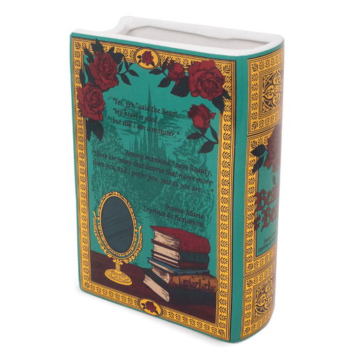 Angled back view of Beauty and the Beast book-shaped vase with open top, gold spine detail, rose illustrations and quote artwork.