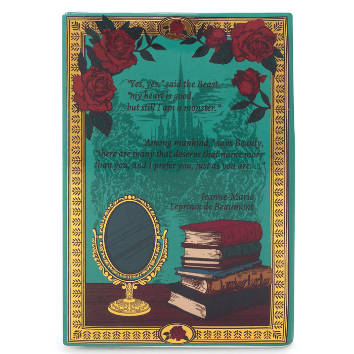 Back of Beauty and the Beast ceramic book vase with red rose artwork, quote text, mirror illustration and stacked books design.
