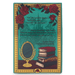 Back of Beauty and the Beast ceramic book vase with red rose artwork, quote text, mirror illustration and stacked books design.