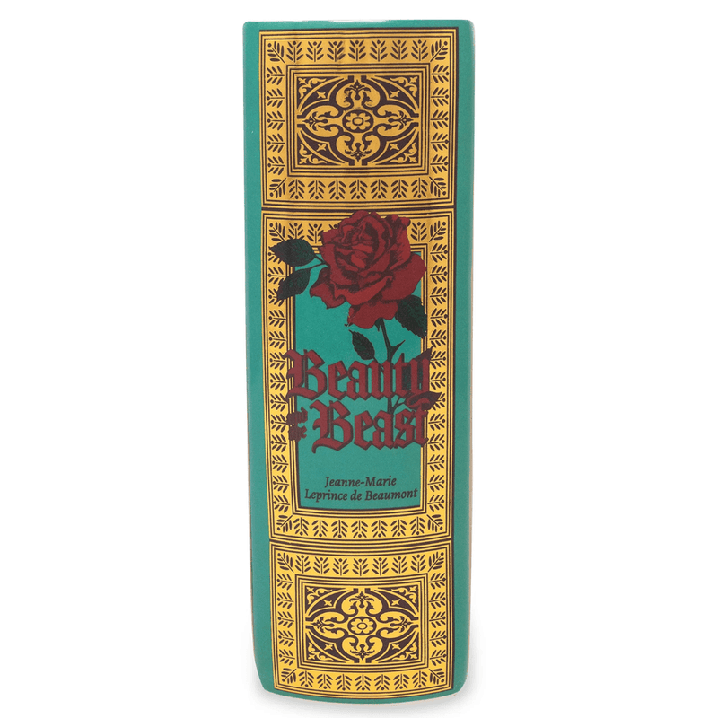 Side spine of Beauty and the Beast ceramic book vase with teal cover, gold ornate details, red rose and vintage book design.