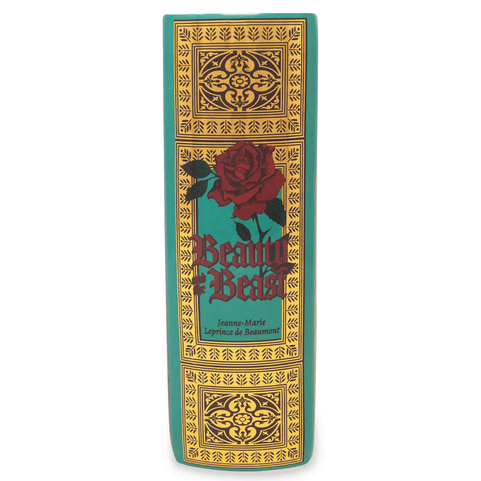 Side spine of Beauty and the Beast ceramic book vase with teal cover, gold ornate details, red rose and vintage book design.