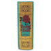 Side spine of Beauty and the Beast ceramic book vase with teal cover, gold ornate details, red rose and vintage book design.