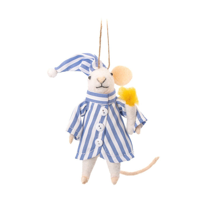 Felt mouse in blue striped pyjamas and nightcap holding a teddy, hanging Christmas tree decoration.