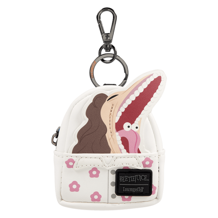 Loungefly Beetlejuice mini backpack bag charm keyring featuring Barbara Maitland stretched-mouth design with white floral pocket