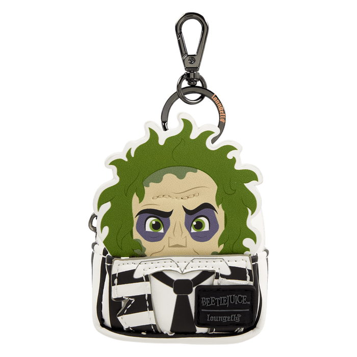 Loungefly Beetlejuice mini backpack bag charm keyring with Beetlejuice face and black-white striped suit
