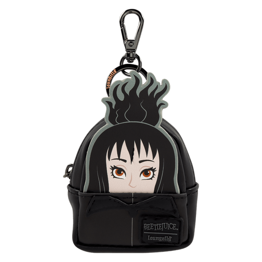 Loungefly Beetlejuice mini backpack bag charm keyring featuring Lydia Deetz with black outfit and smoky hair