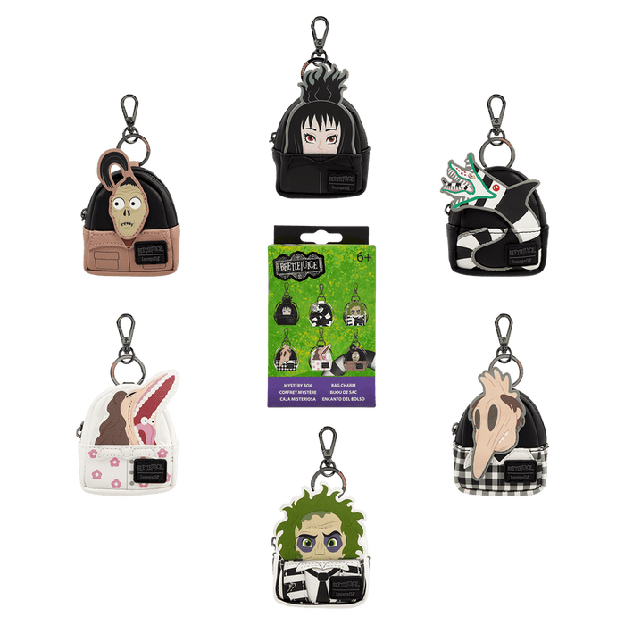 Assortment of Loungefly Beetlejuice mystery mini backpack bag charms with retail box packaging
