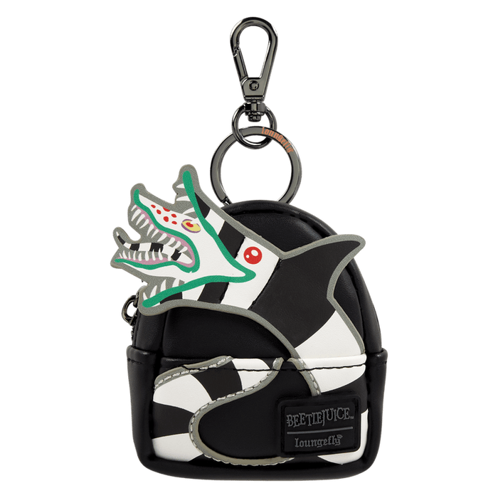 Loungefly Beetlejuice mini backpack bag charm keyring with Sandworm applique wrapped in monochrome stripes