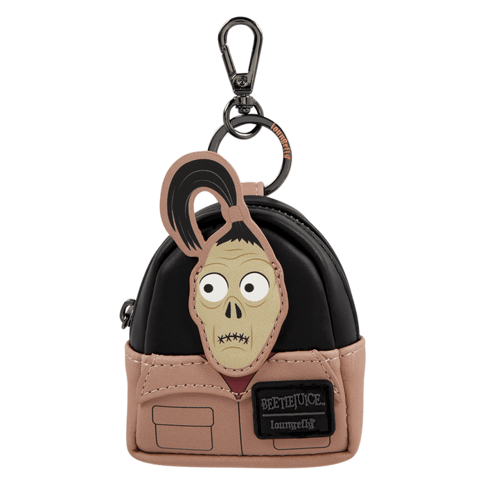 Loungefly Beetlejuice mini backpack bag charm keyring with Shrunken Head character and tan pocket