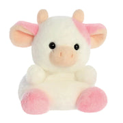 Alternate front view of Palm Pals Belle Strawberry Cow plush toy with bright black eyes


