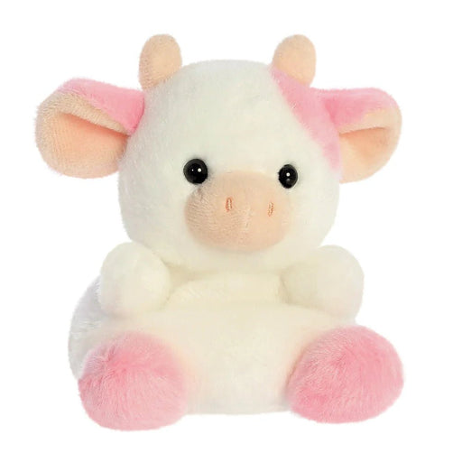 Alternate front view of Palm Pals Belle Strawberry Cow plush toy with bright black eyes


