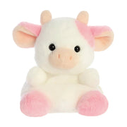 Palm Pals Belle Strawberry Cow plush toy front view with white body and pink patches

