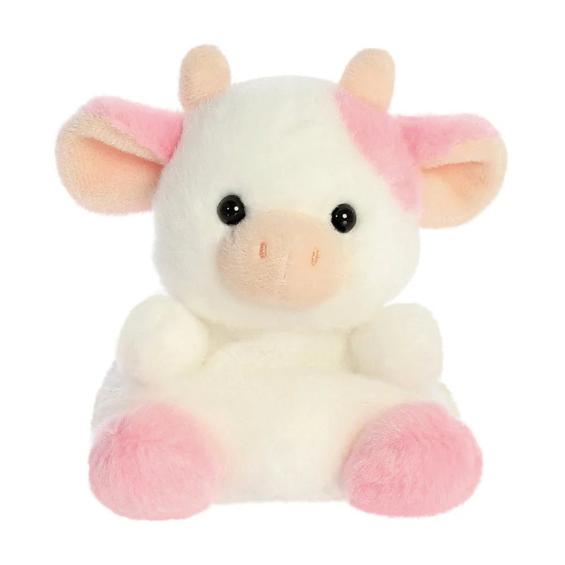 Palm Pals Belle Strawberry Cow plush toy front view with white body and pink patches
