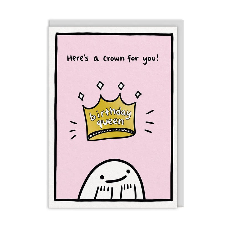 Pastel pink birthday card with gold crown reading birthday queen; cheerful character; A6 with white envelope