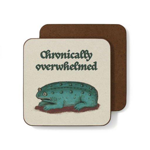 Betiobca funny frog coaster featuring a medieval frog and the phrase Chronically Overwhelmed