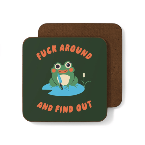 Betiobca funny rude frog coaster featuring a frog holding a knife with the phrase Fuck Around and Find Out