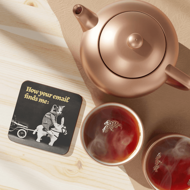 Betiobca How your email finds me kitten coaster shown on a table beside tea cups and a teapot