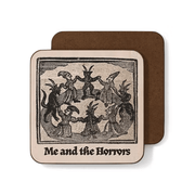 Betiobca gothic coaster featuring a vintage demon and witch dance illustration with the phrase Me and the Horrors