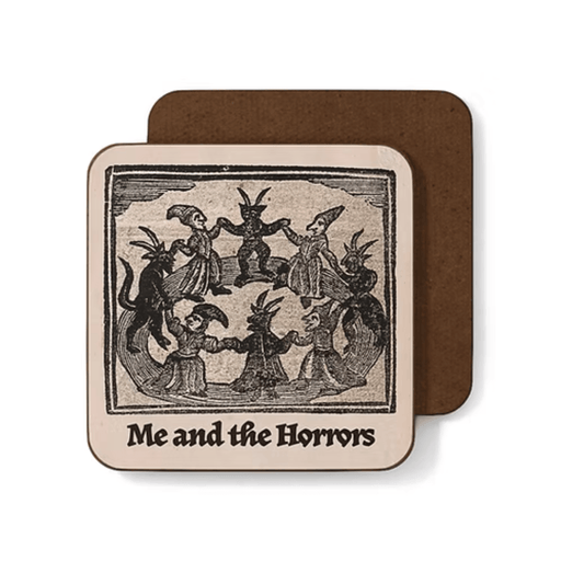 Betiobca gothic coaster featuring a vintage demon and witch dance illustration with the phrase Me and the Horrors